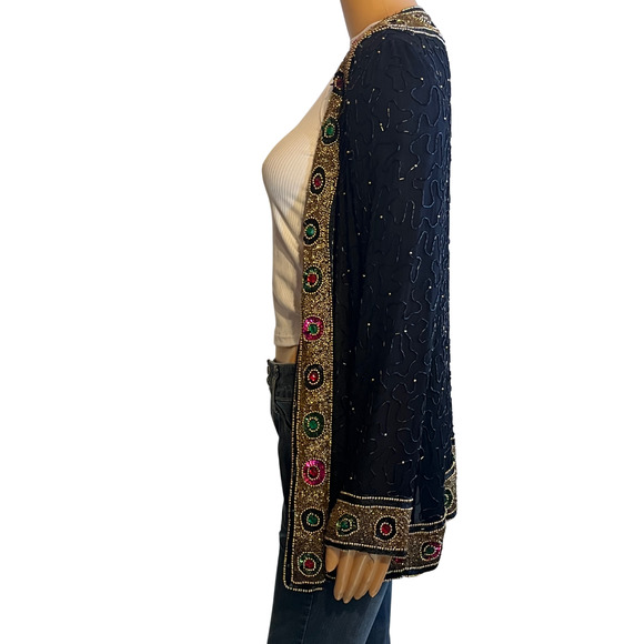 Vintage 80s Silk Beaded and Sequins  Open Front Jacket - Picture 5 of 12